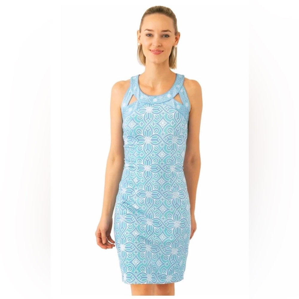 GRETCHEN SCOTT Turquoise Print Dress Large Sleeveless Shift Resort Summer